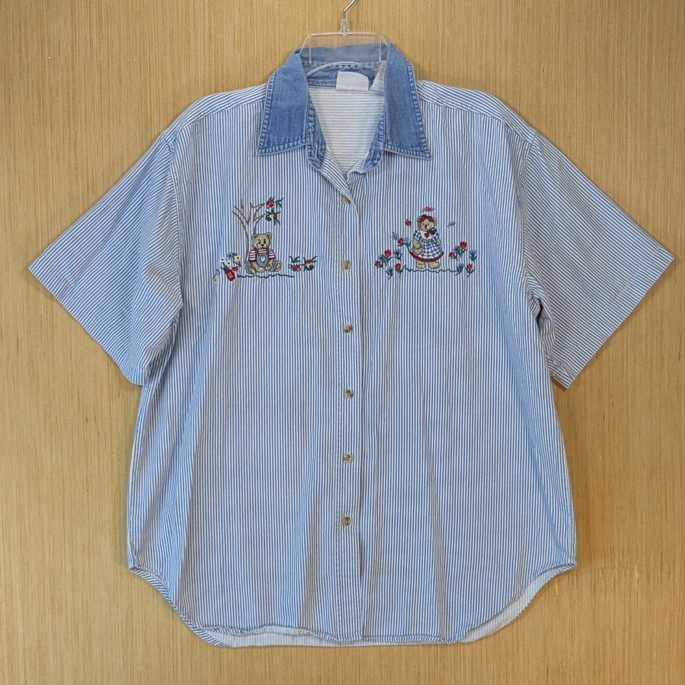 Vintage Bobbie Brooks 90s Embroidered Teddy Bear Stripe Shirt Denim Collar Large - Picture 2 of 7